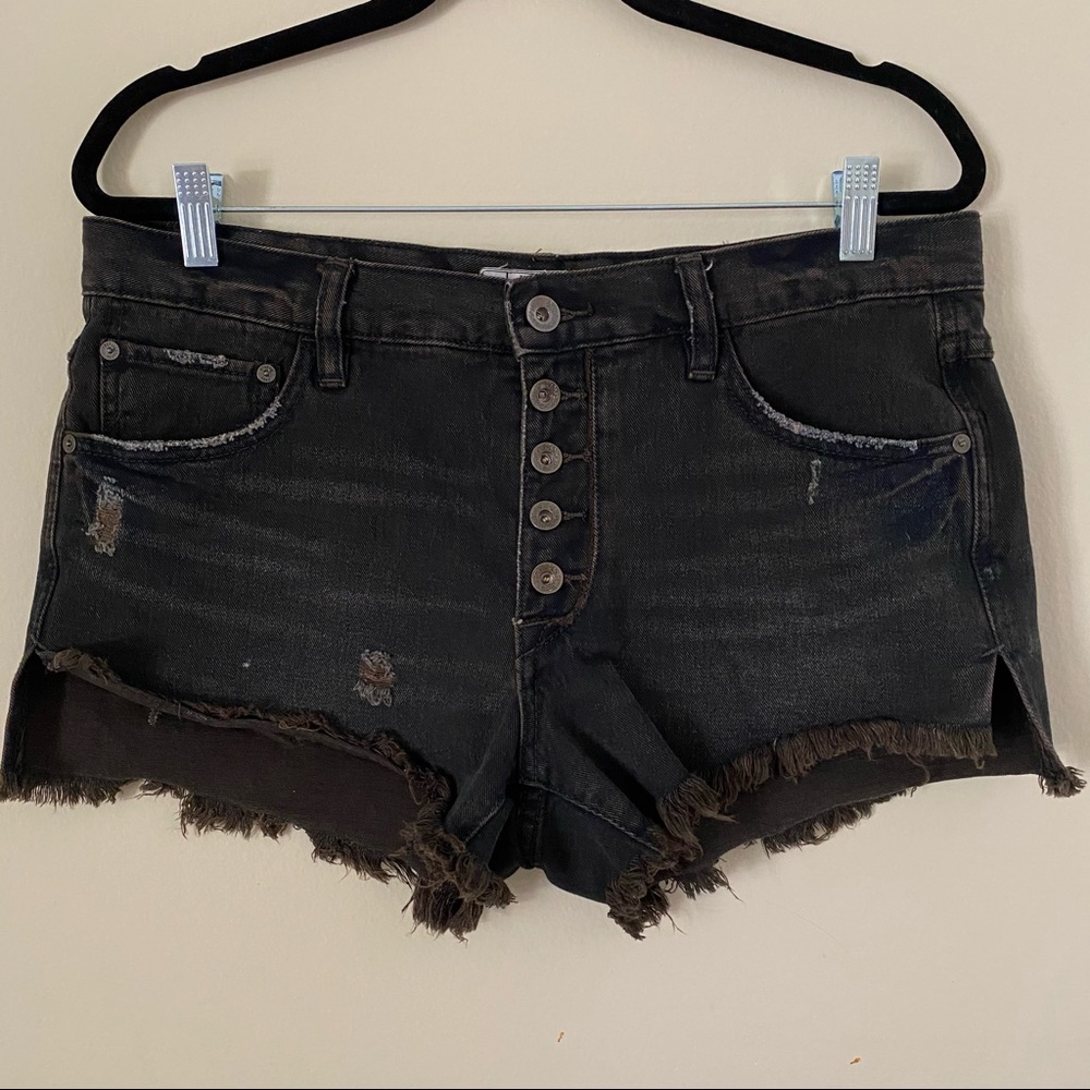 Free People Black Distressed High-Rise Button Fly Jean Shorts